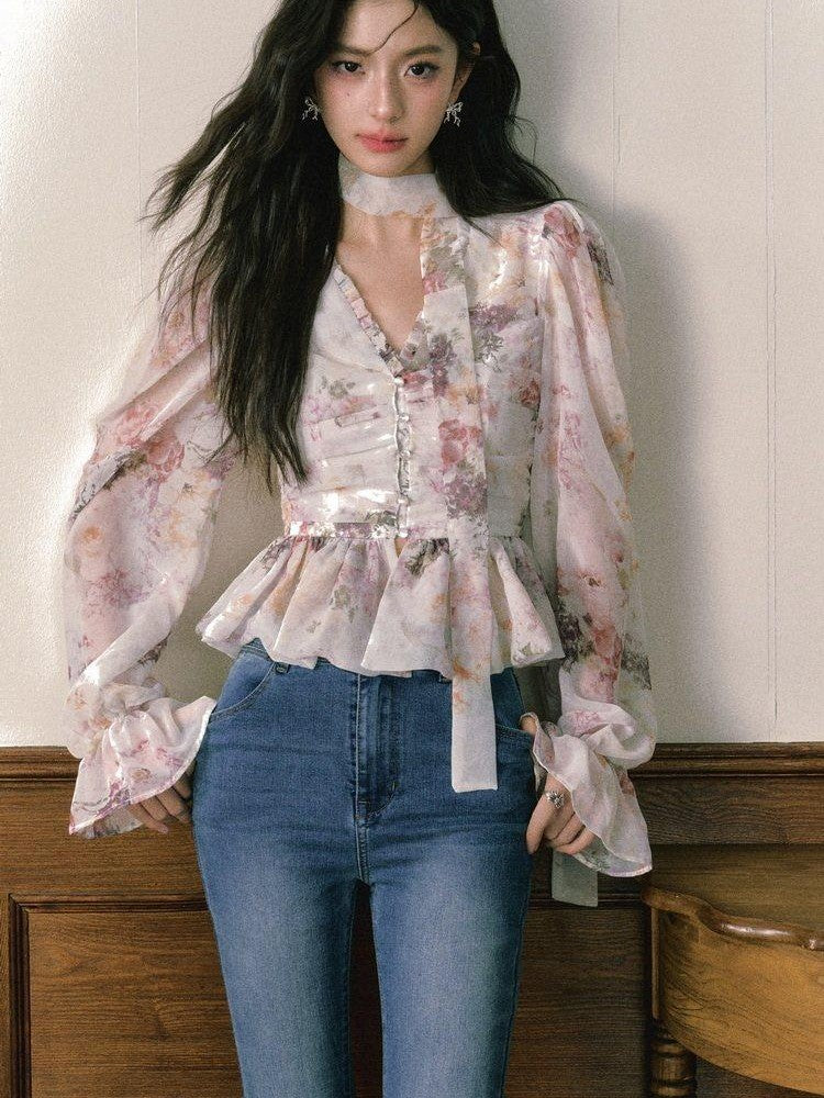 1P STUDIO Ombre Floral Bow Tie Cutout V-neck Lantern Sleeve Women&