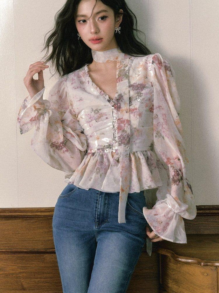 1P STUDIO Ombre Floral Bow Tie Cutout V-neck Lantern Sleeve Women&