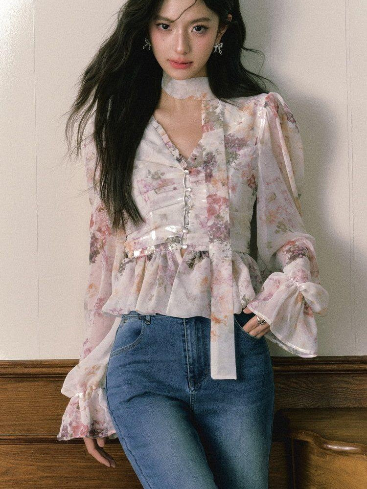 1P STUDIO Ombre Floral Bow Tie Cutout V-neck Lantern Sleeve Women&