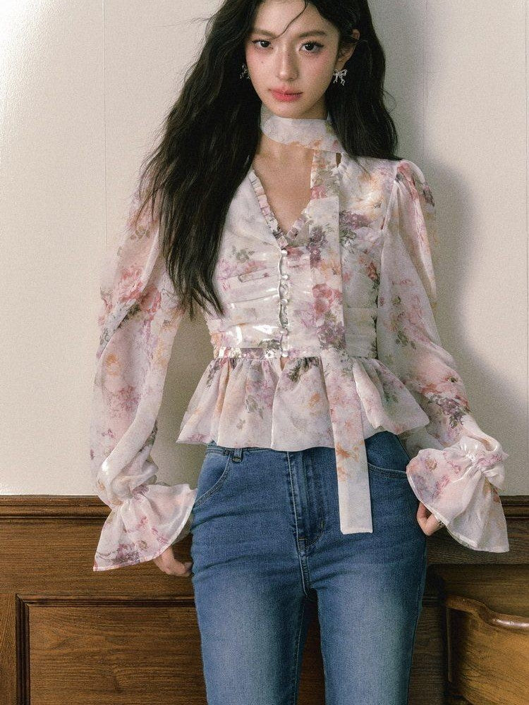 1P STUDIO Ombre Floral Bow Tie Cutout V-neck Lantern Sleeve Women&