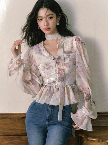 1P STUDIO Ombre Floral Bow Tie Cutout V-neck Lantern Sleeve Women&