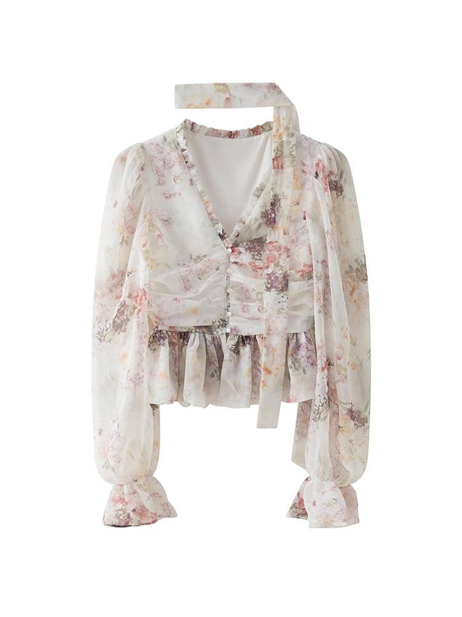 1P STUDIO Ombre Floral Bow Tie Cutout V-neck Lantern Sleeve Women&