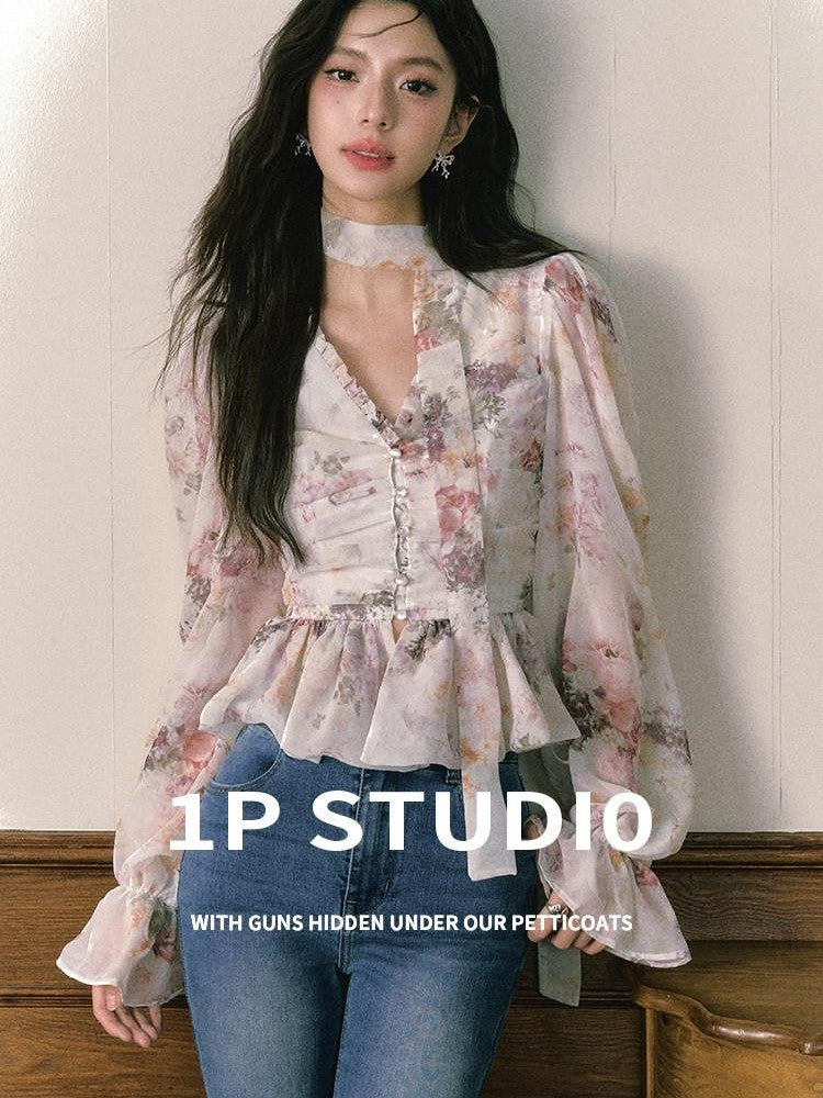 1P STUDIO Ombre Floral Bow Tie Cutout V-neck Lantern Sleeve Women&