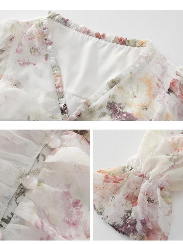 1P STUDIO Ombre Floral Bow Tie Cutout V-neck Lantern Sleeve Women&