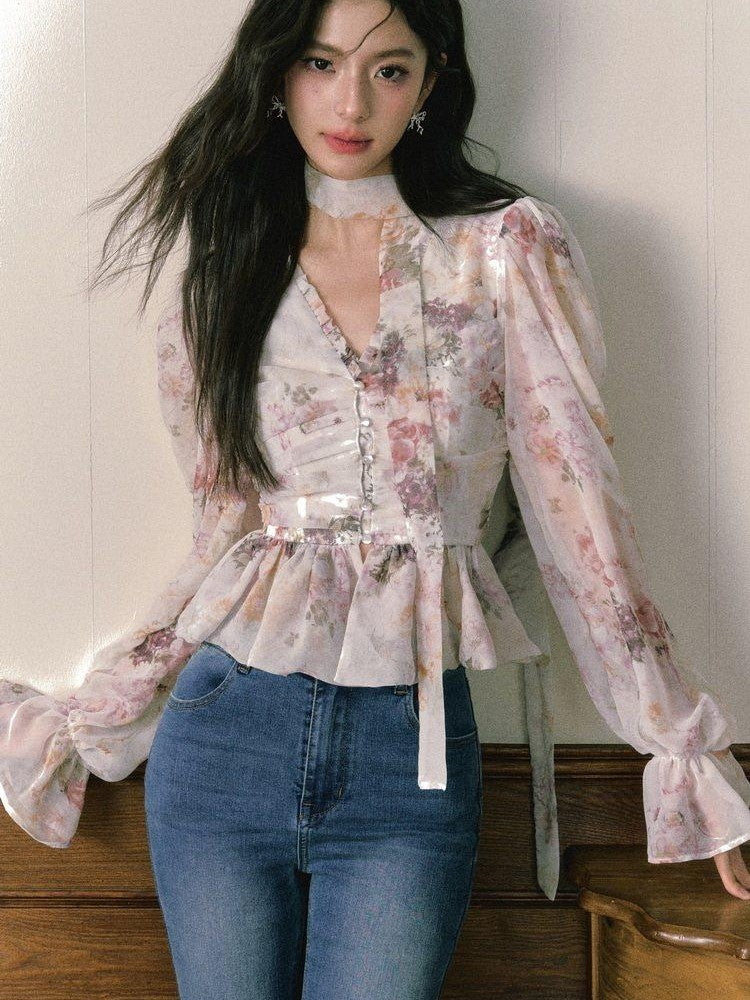 1P STUDIO Ombre Floral Bow Tie Cutout V-neck Lantern Sleeve Women&