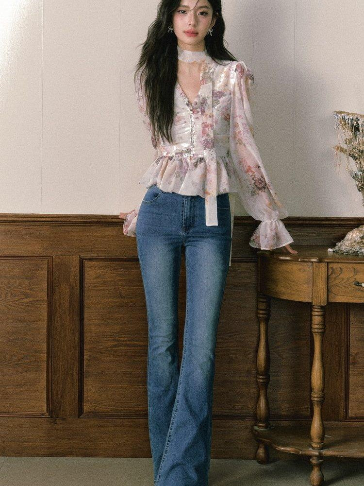 1P STUDIO Ombre Floral Bow Tie Cutout V-neck Lantern Sleeve Women&