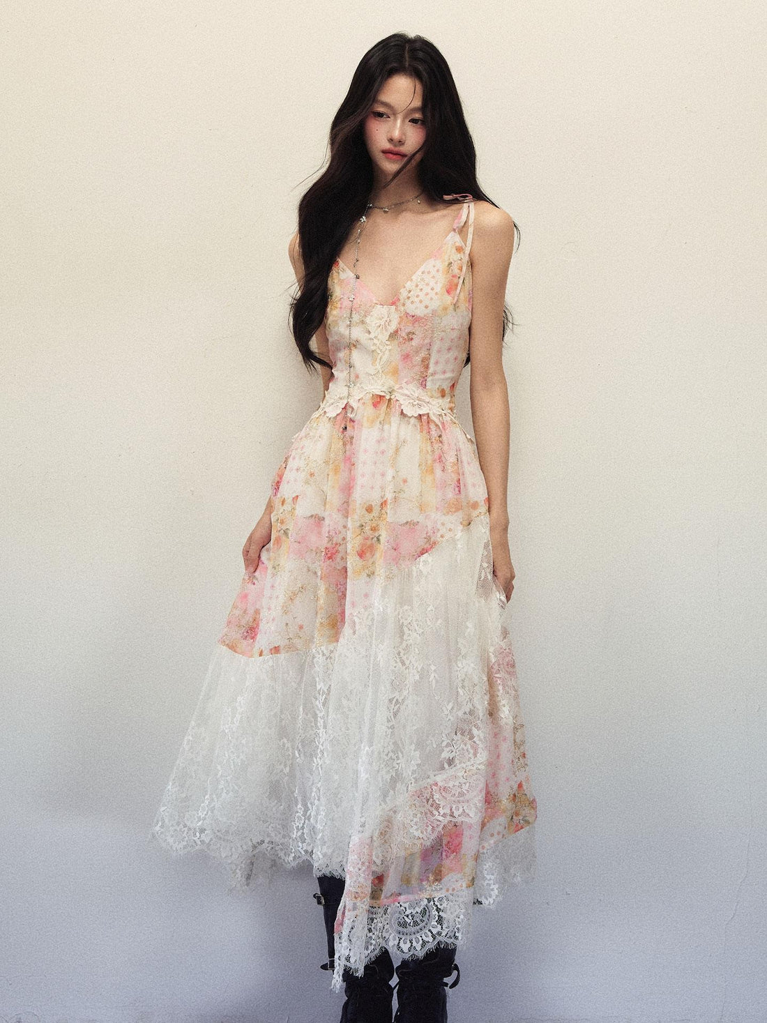 1P STUDIO Ombre Floral Lace Asymmetric Cinched Waist Women&