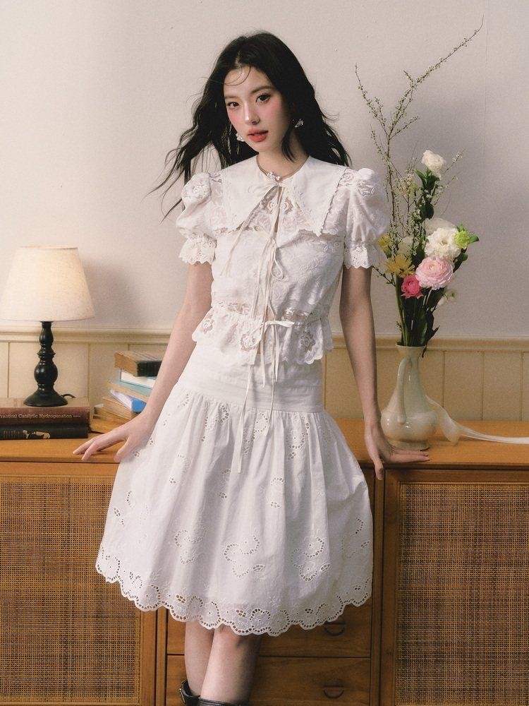 1P STUDIO Openwork Embroidered Puff Sleeve Lace Trim Women&