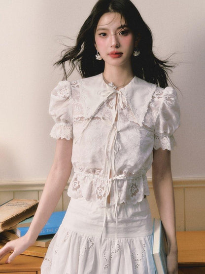 1P STUDIO Openwork Embroidered Puff Sleeve Lace Trim Women&