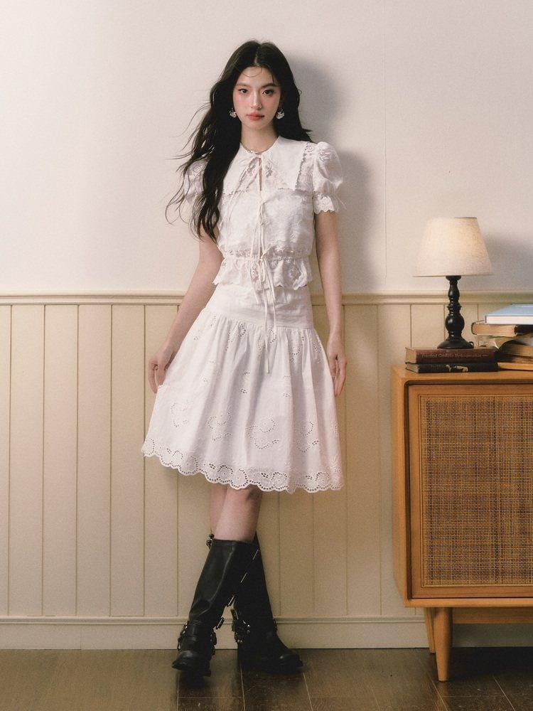 1P STUDIO Openwork Embroidered Puff Sleeve Lace Trim Women&