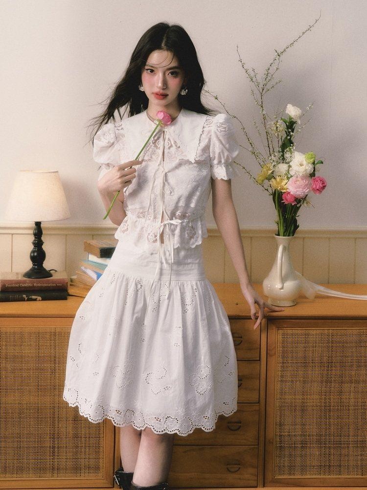 1P STUDIO Openwork Embroidered Puff Sleeve Lace Trim Women&