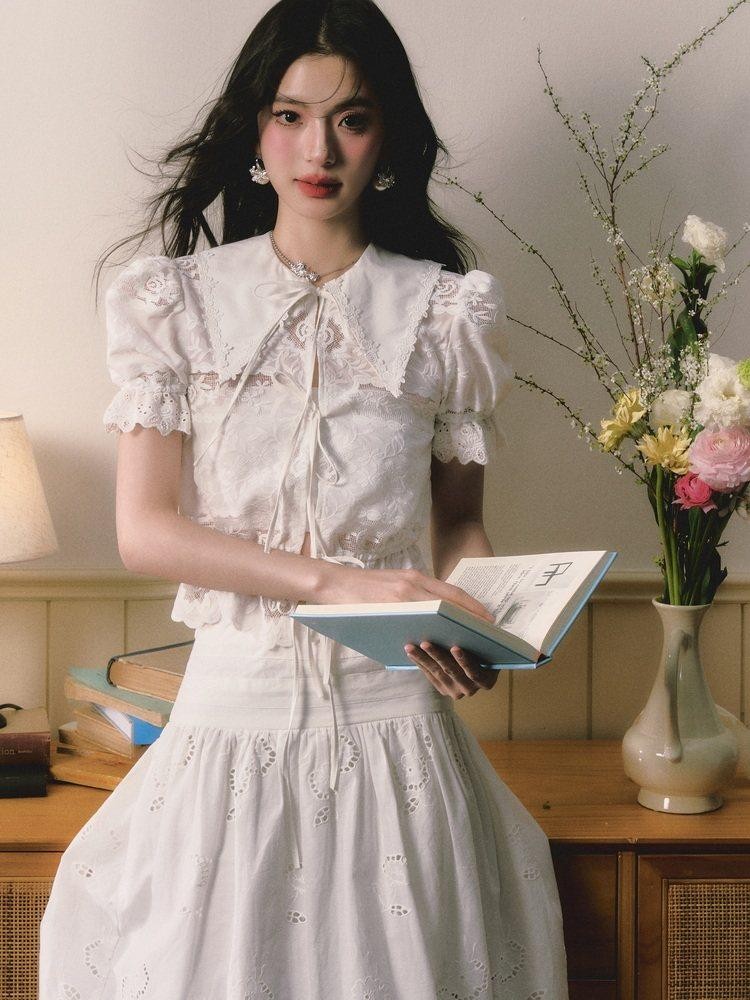1P STUDIO Openwork Embroidered Puff Sleeve Lace Trim Women&