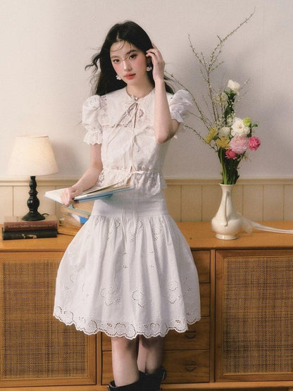 1P STUDIO Openwork Embroidered Puff Sleeve Lace Trim Women&