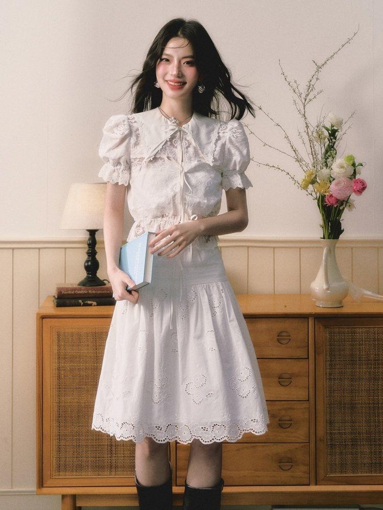 1P STUDIO Openwork Embroidered Puff Sleeve Lace Trim Women&