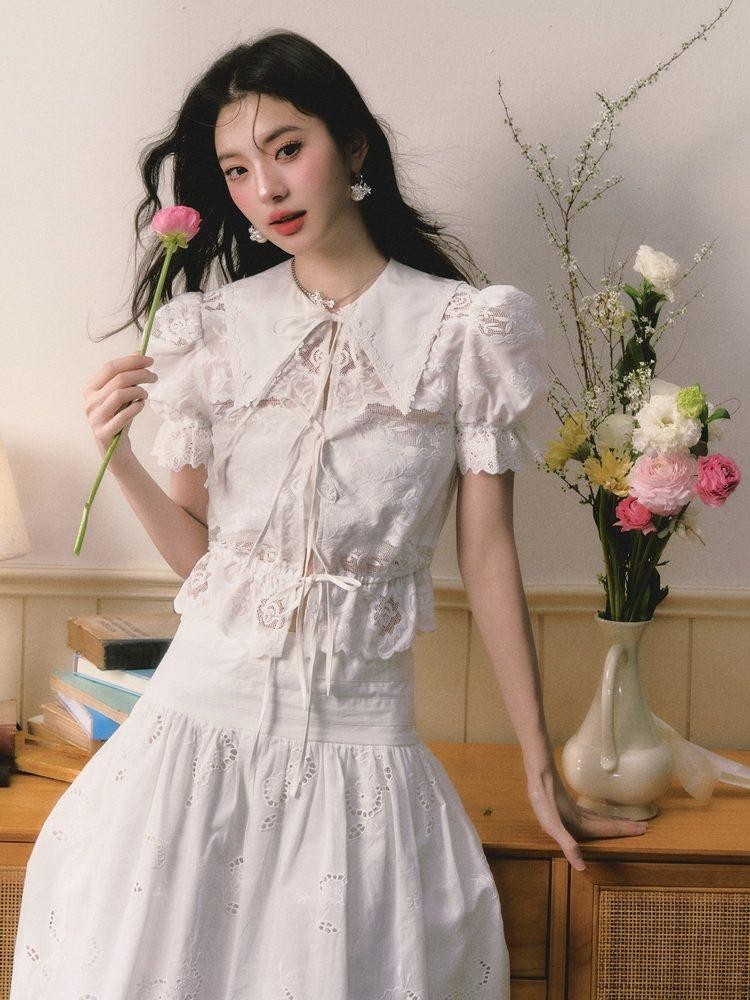 1P STUDIO Openwork Embroidered Puff Sleeve Lace Trim Women&