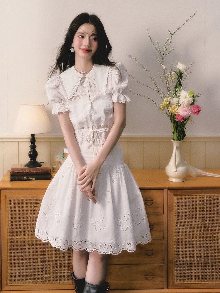 1P STUDIO Openwork Embroidered Puff Sleeve Lace Trim Women&