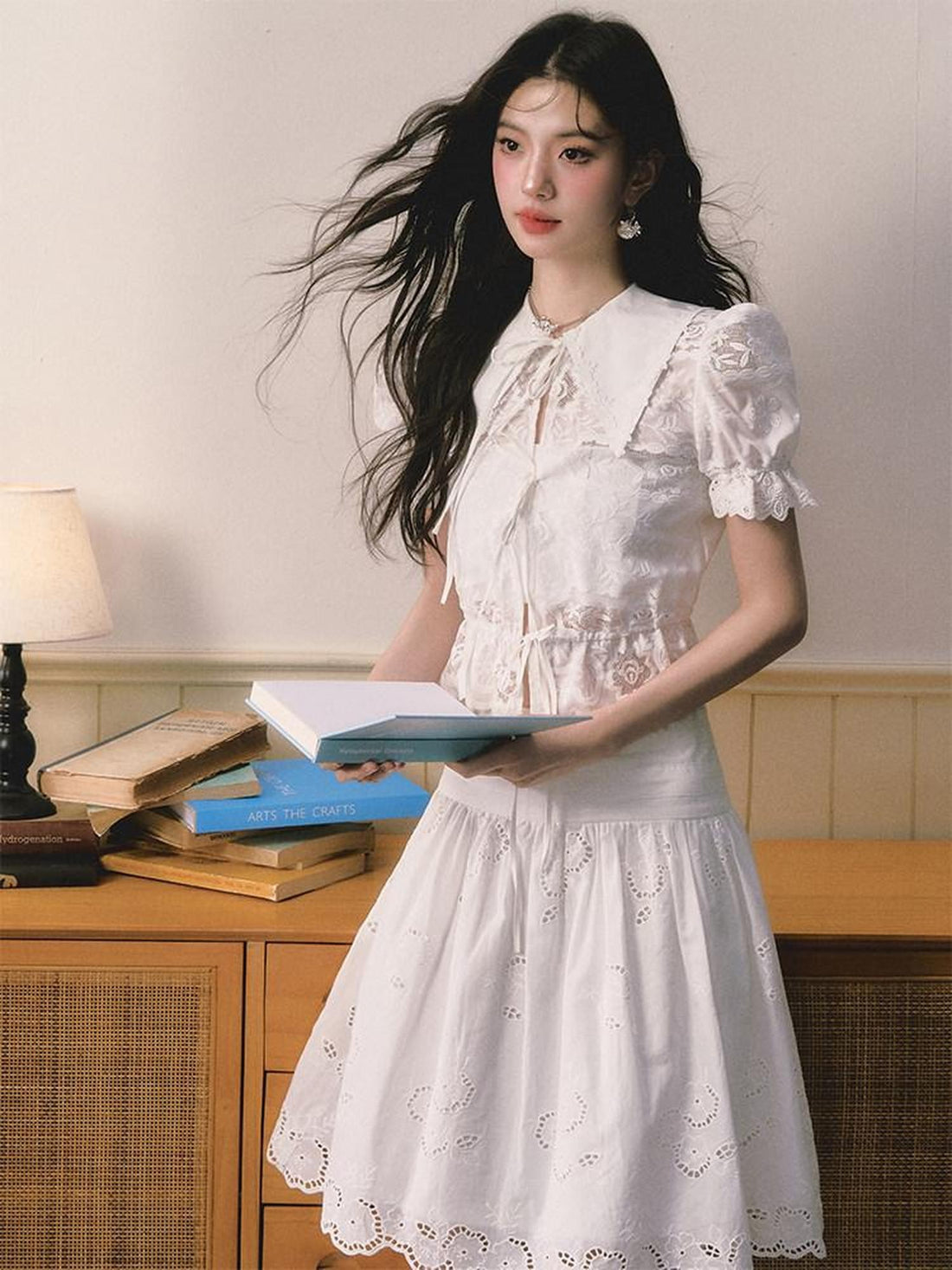 1P STUDIO Openwork Embroidered Puff Sleeve Lace Trim Women&