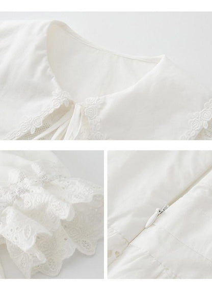 1P STUDIO Openwork Embroidered Puff Sleeve Lace Trim Women&