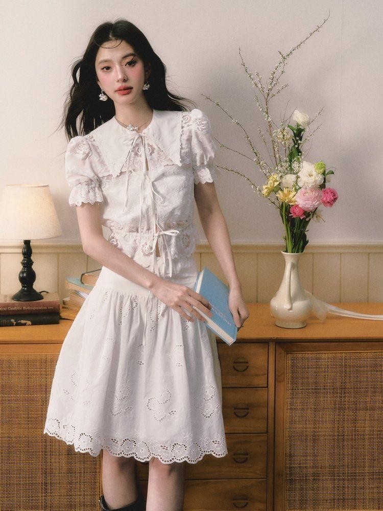 1P STUDIO Openwork Embroidered Puff Sleeve Lace Trim Women&