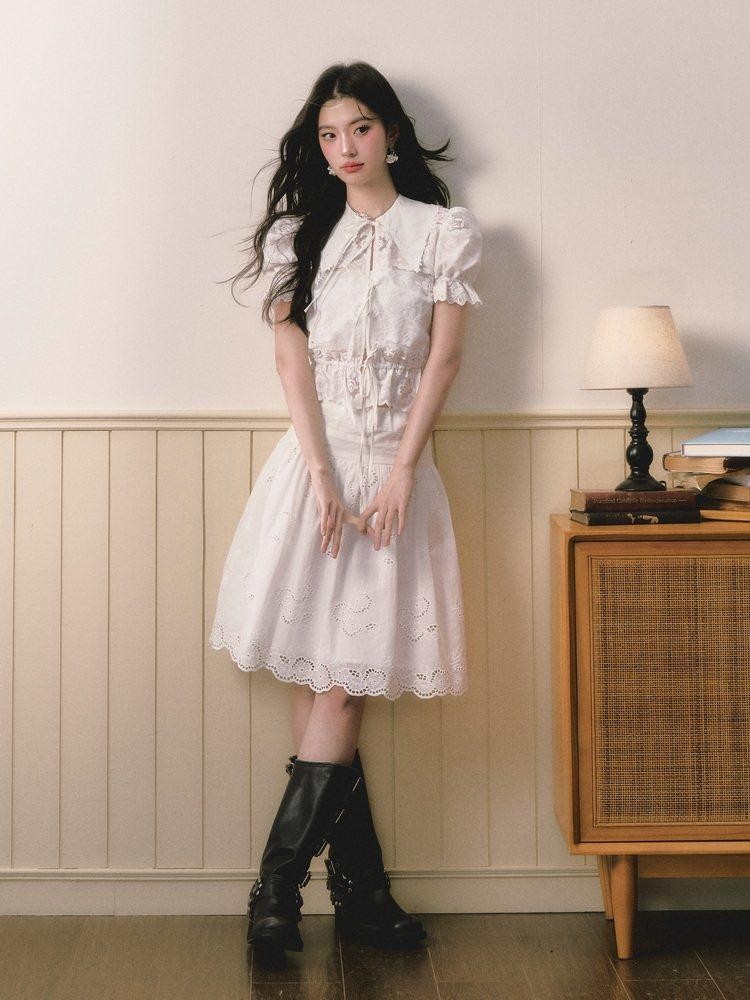 1P STUDIO Openwork Embroidered Puff Sleeve Lace Trim Women&
