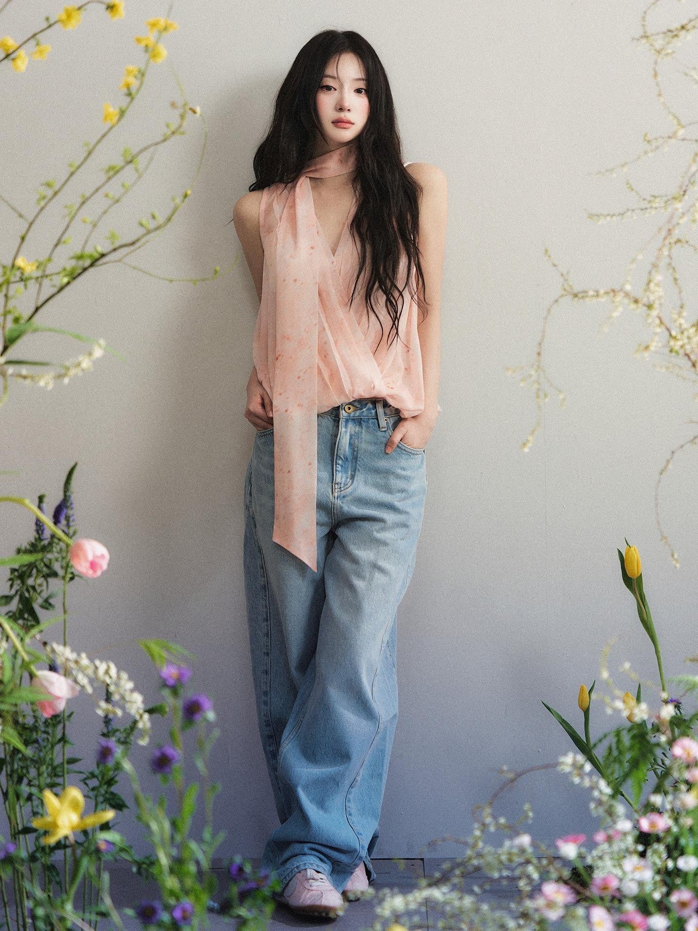 1P STUDIO Orange Pink Ombre Print V-neck Ribbon Tie Cropped Women&
