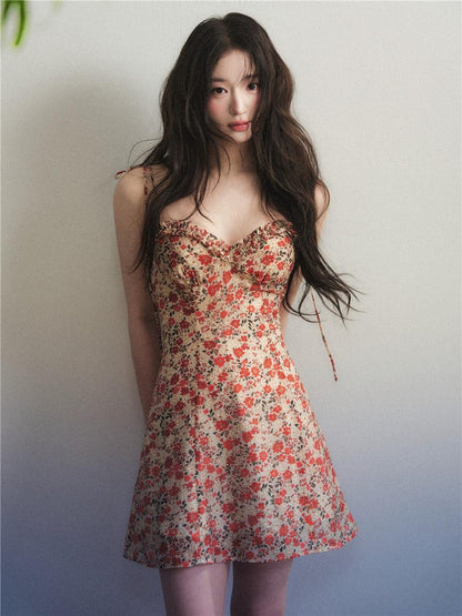 1P STUDIO Orange Red Floral Ruffle V-neck Women&