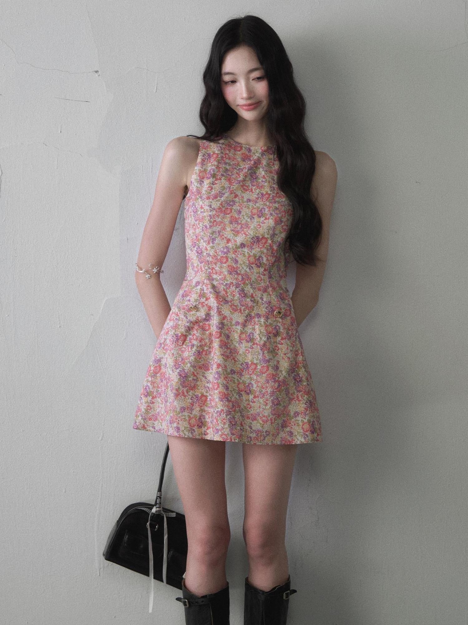 1P STUDIO Painterly Floral Print Cinched Waist A Line Women&