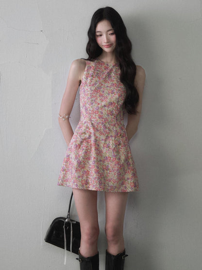 1P STUDIO Painterly Floral Print Cinched Waist A Line Women&