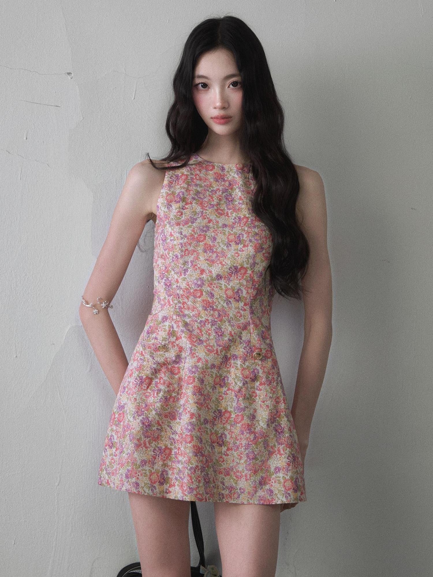 1P STUDIO Painterly Floral Print Cinched Waist A Line Women&