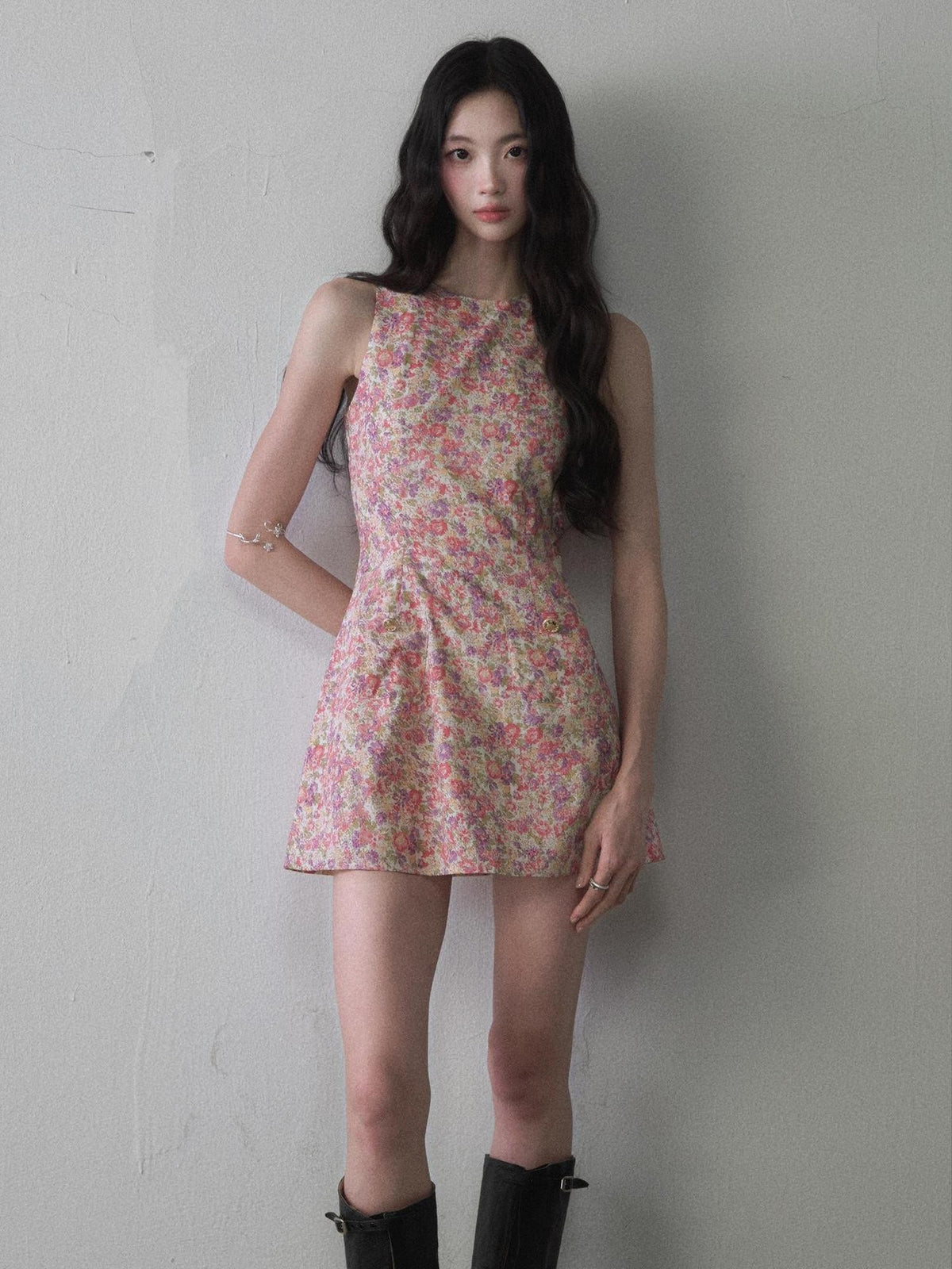 1P STUDIO Painterly Floral Print Cinched Waist A Line Women&