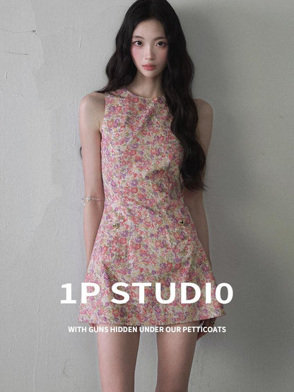 1P STUDIO Painterly Floral Print Cinched Waist A Line Women&