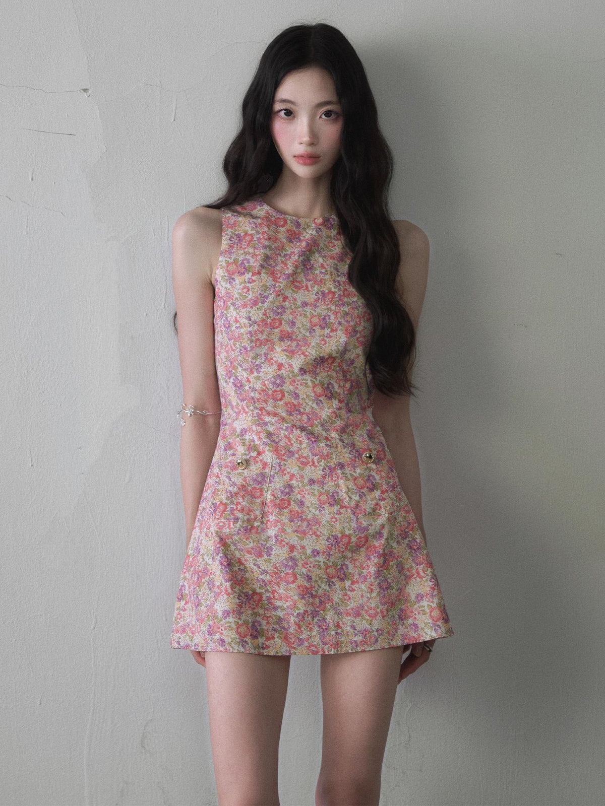 1P STUDIO Painterly Floral Print Cinched Waist A Line Women&