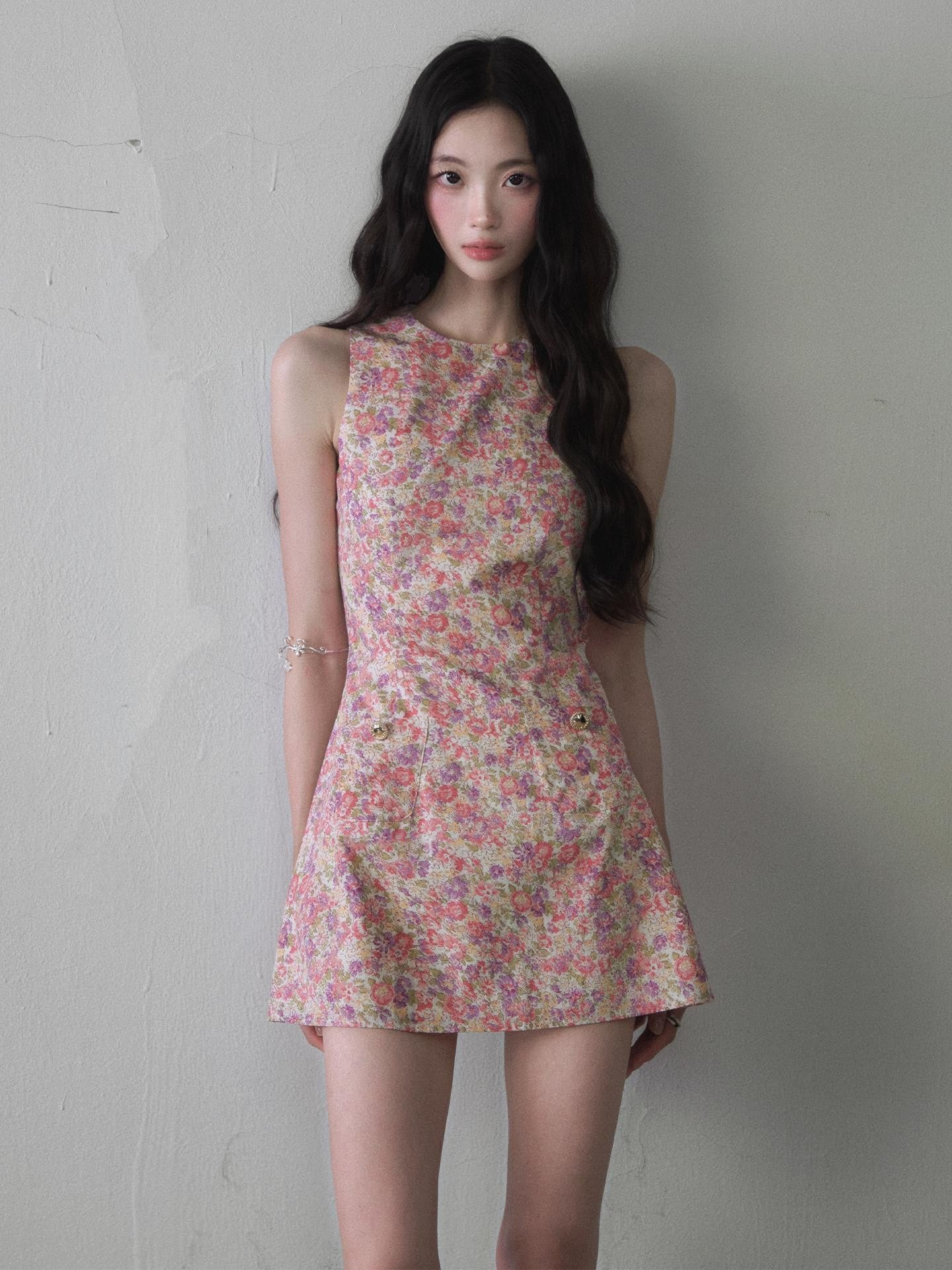 1P STUDIO Painterly Floral Print Cinched Waist A Line Women&