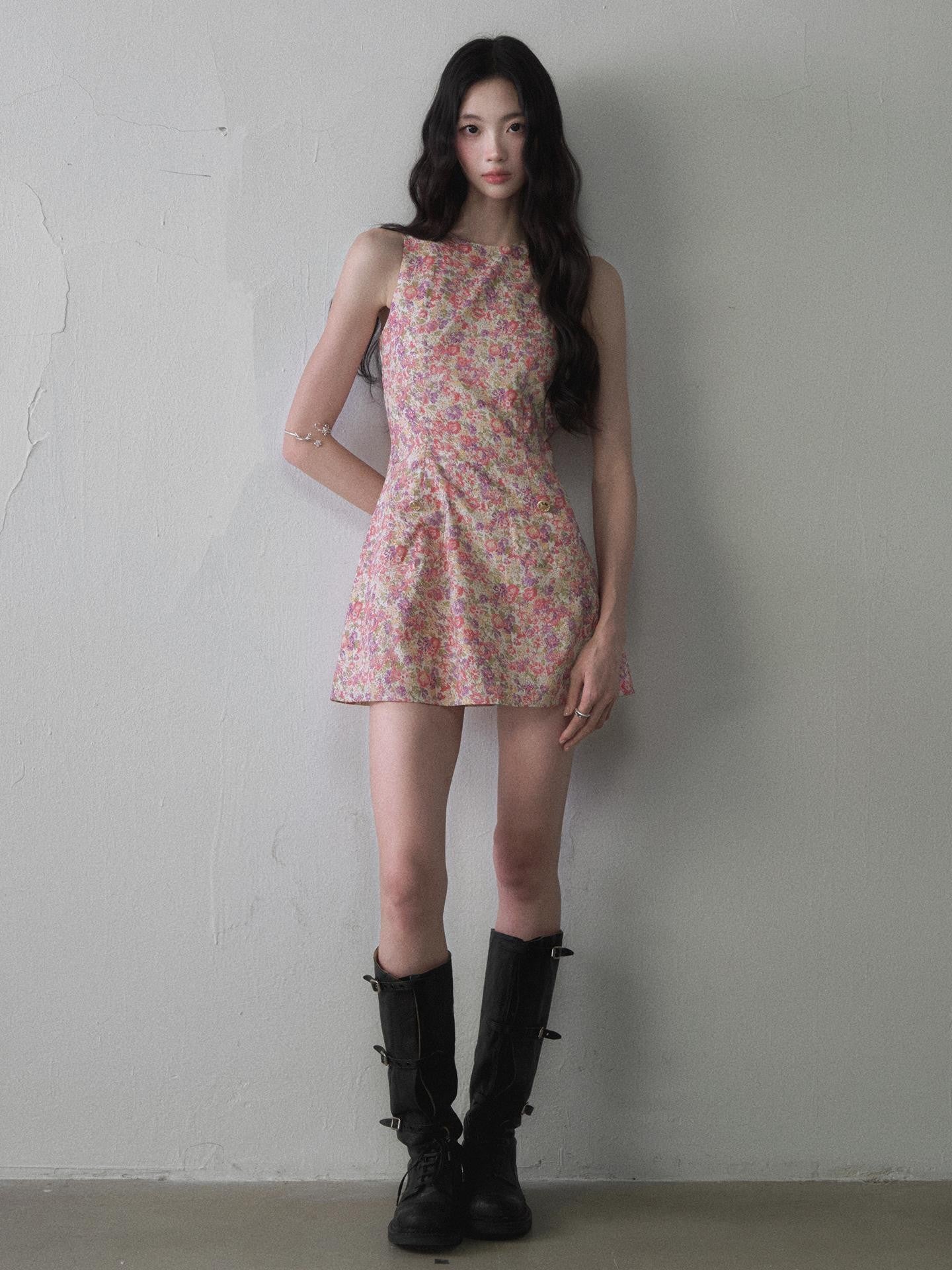 1P STUDIO Painterly Floral Print Cinched Waist A Line Women&