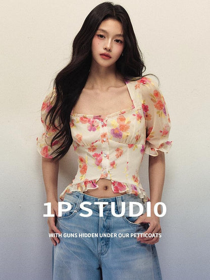 1P STUDIO Painterly Floral Square Neck Puff Sleeve Women&