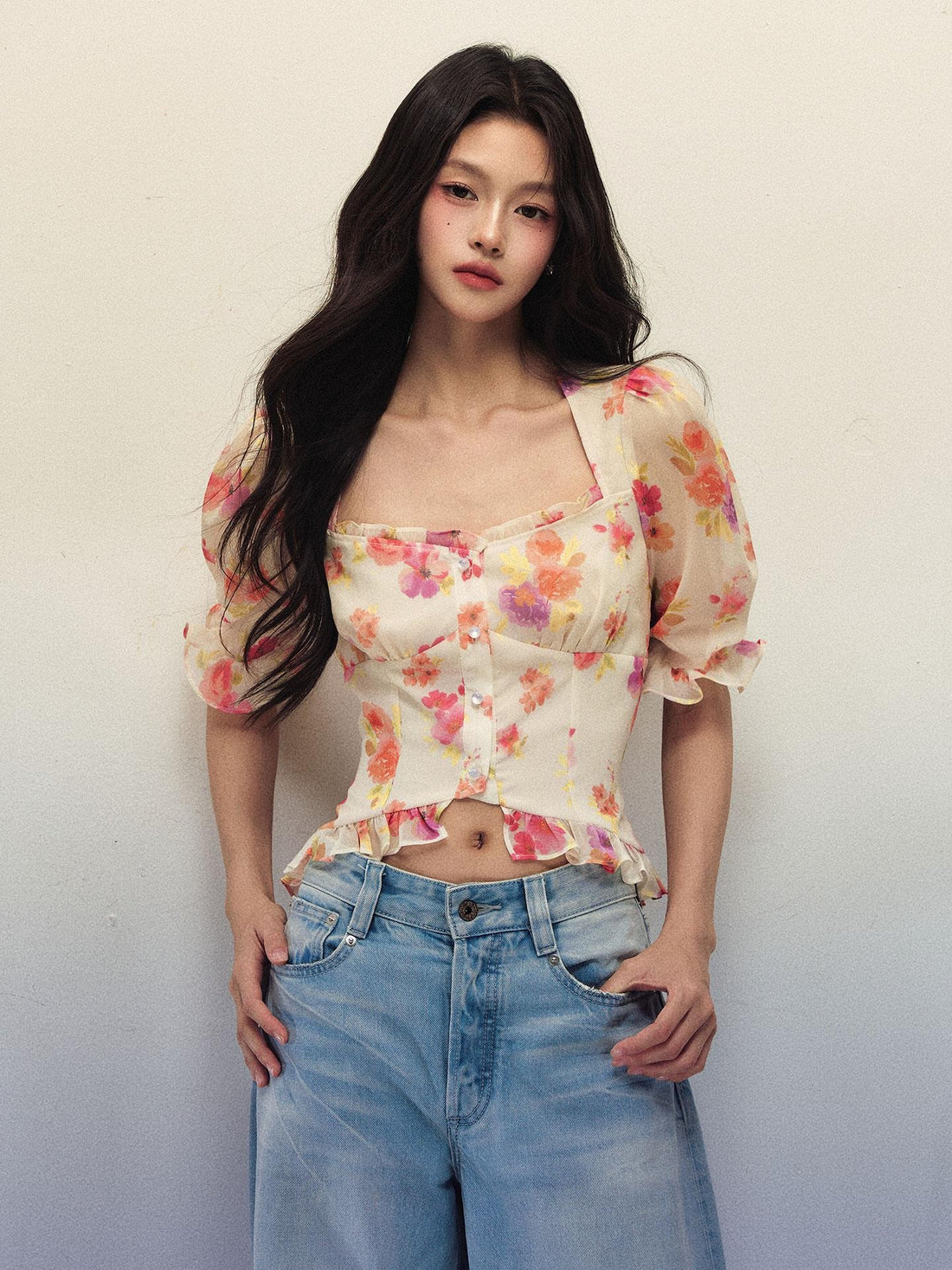 1P STUDIO Painterly Floral Square Neck Puff Sleeve Women&