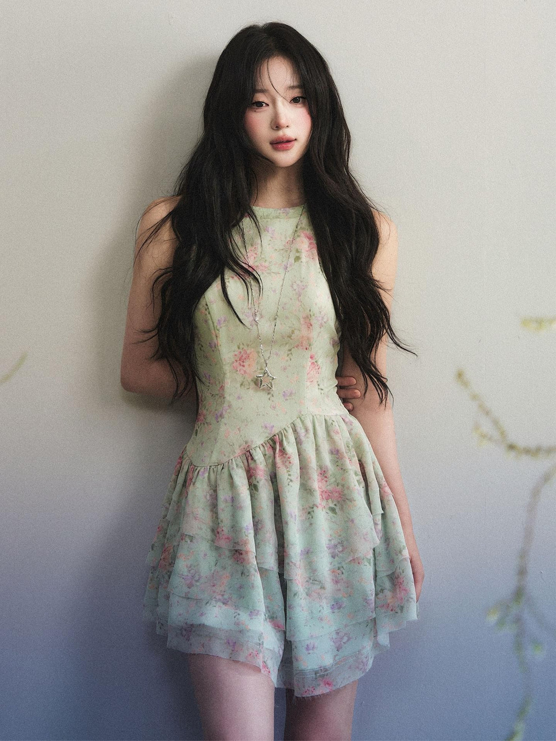 1P STUDIO Pale Green Printed Lace Trim A Line Women&