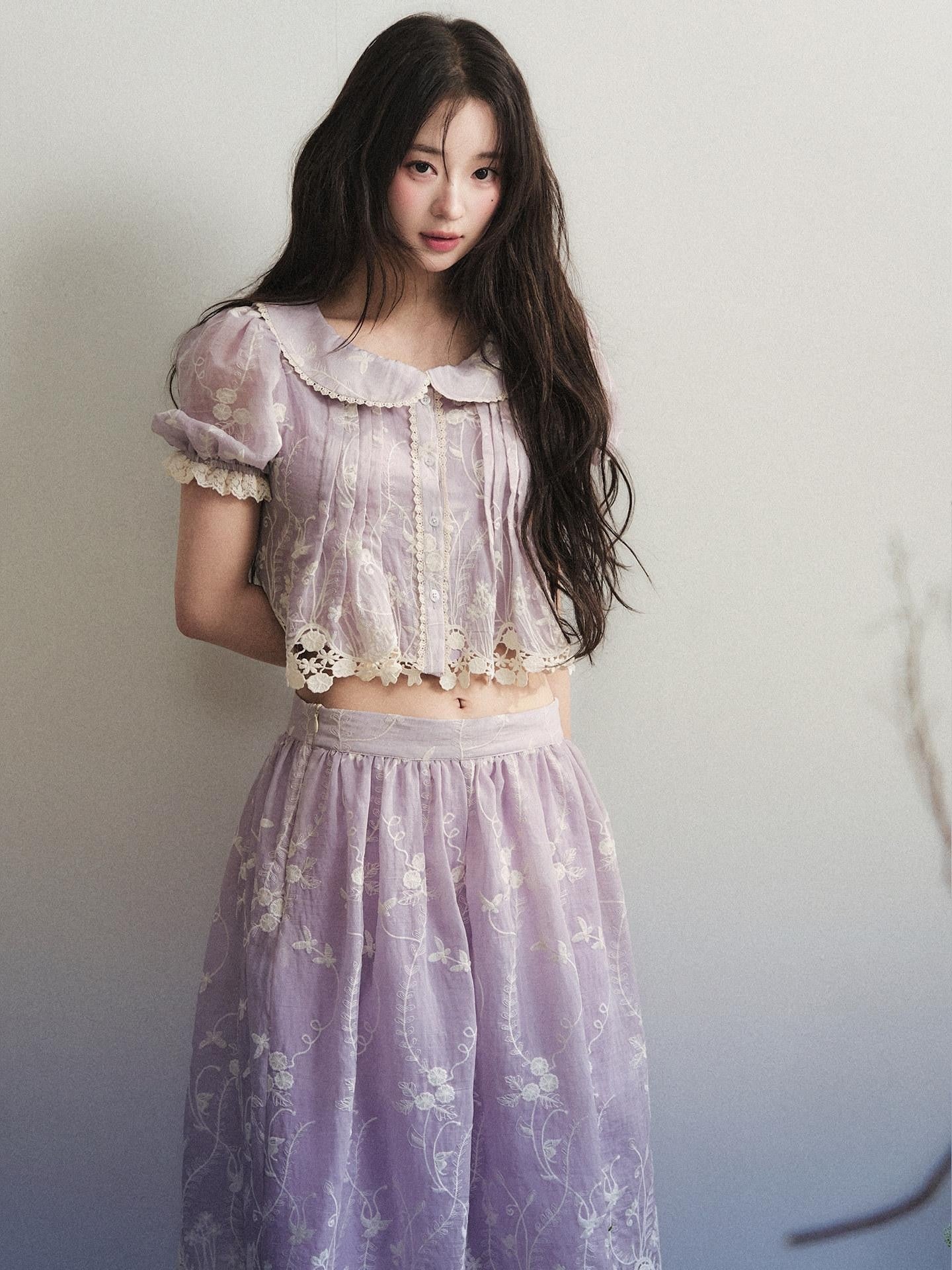 1P STUDIO Pale Lavender Floral Embroidered Doll Collar Midi Women&