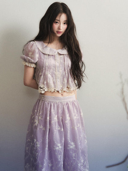 1P STUDIO Pale Lavender Floral Embroidered Doll Collar Midi Women&