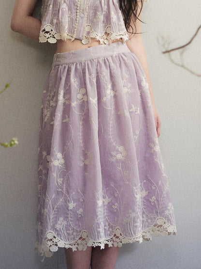 1P STUDIO Pale Lavender Floral Embroidered Doll Collar Midi Women&