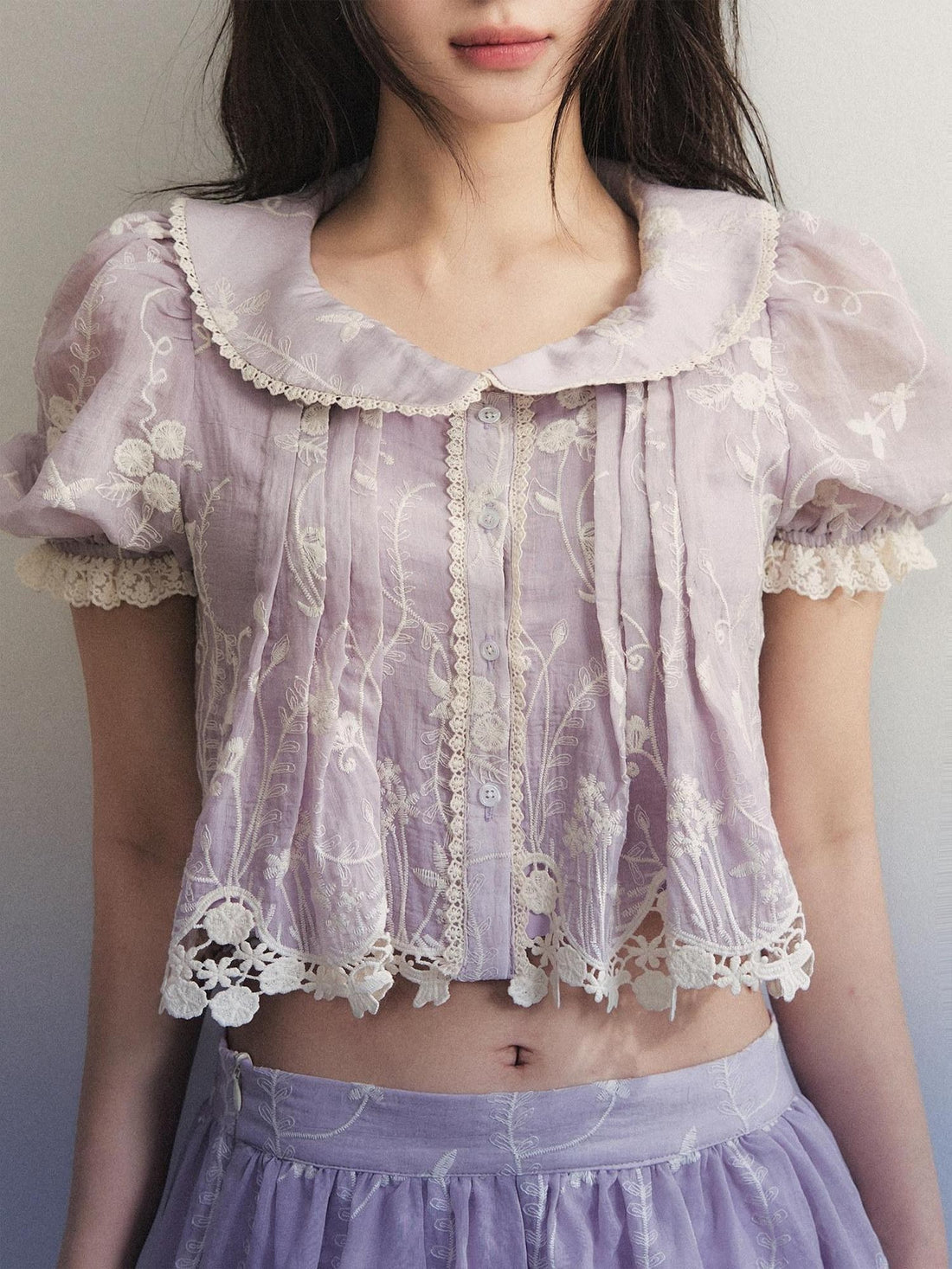 1P STUDIO Pale Lavender Floral Embroidered Doll Collar Midi Women&