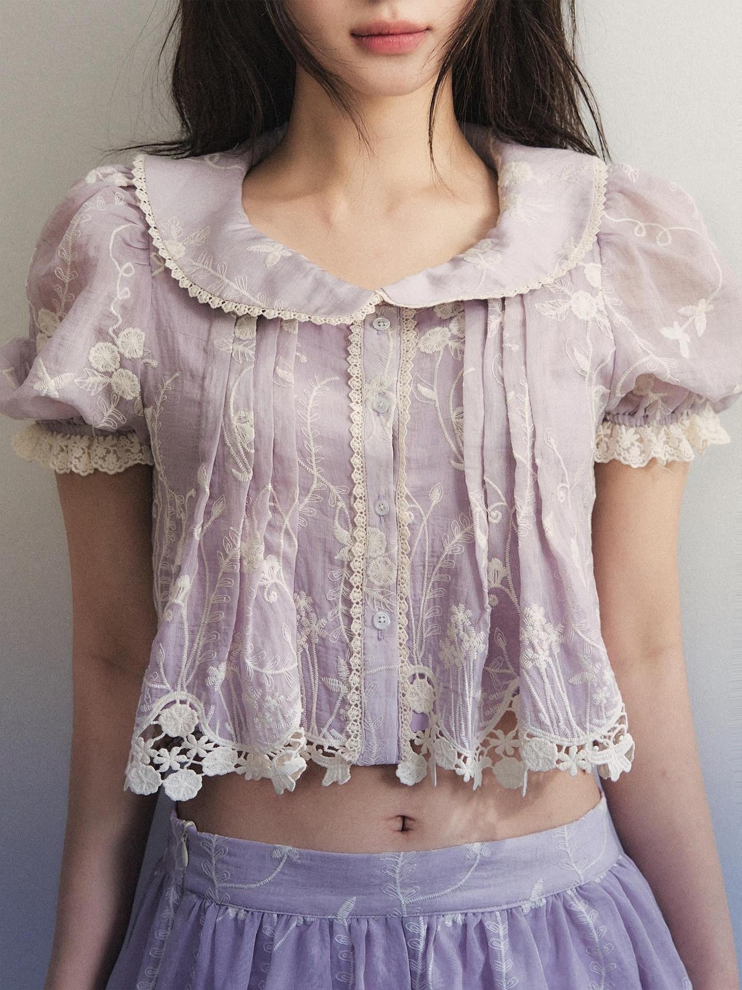 1P STUDIO Pale Lavender Floral Embroidered Doll Collar Midi Women&