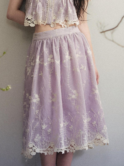 1P STUDIO Pale Lavender Floral Embroidered Doll Collar Midi Women&