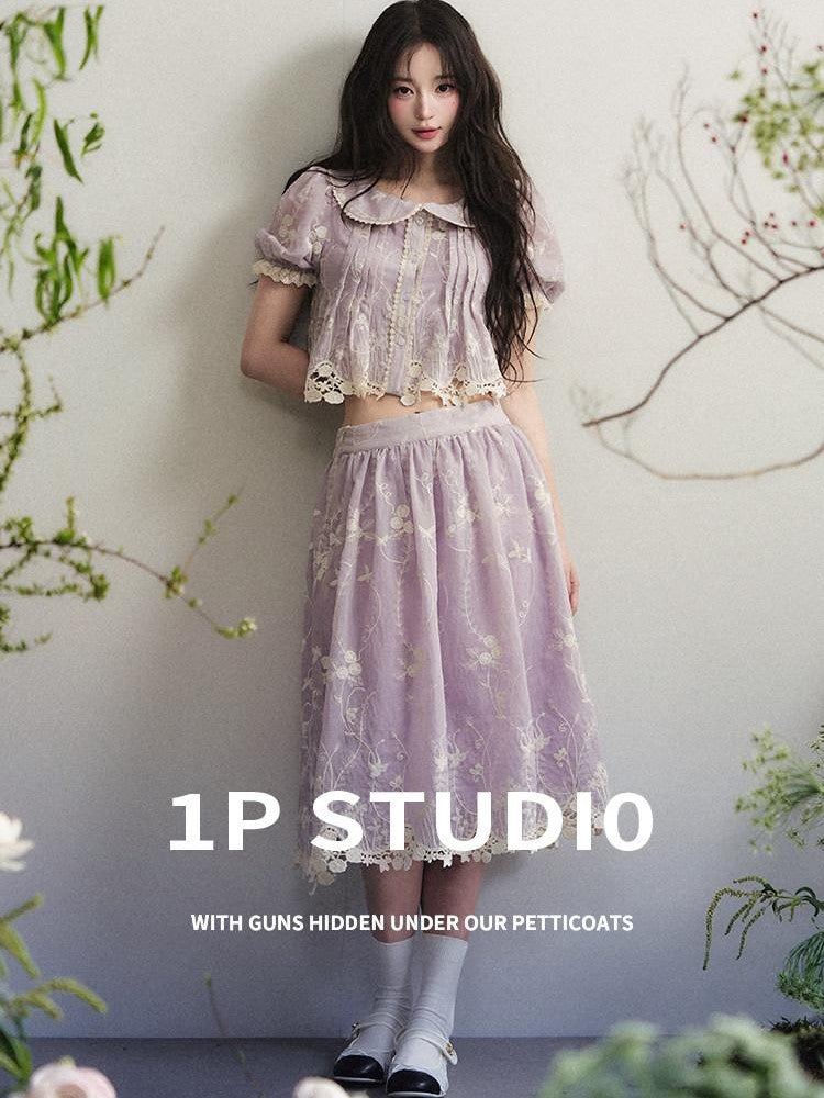 1P STUDIO Pale Lavender Floral Embroidered Doll Collar Midi Women&