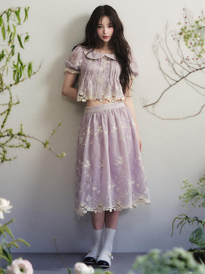 1P STUDIO Pale Lavender Floral Embroidered Doll Collar Midi Women&