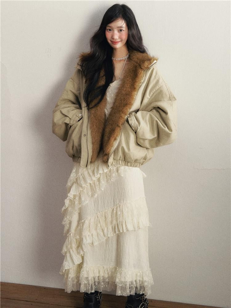 1P STUDIO Pea Green Loose Fit Detachable Faux Mink Fur Women&