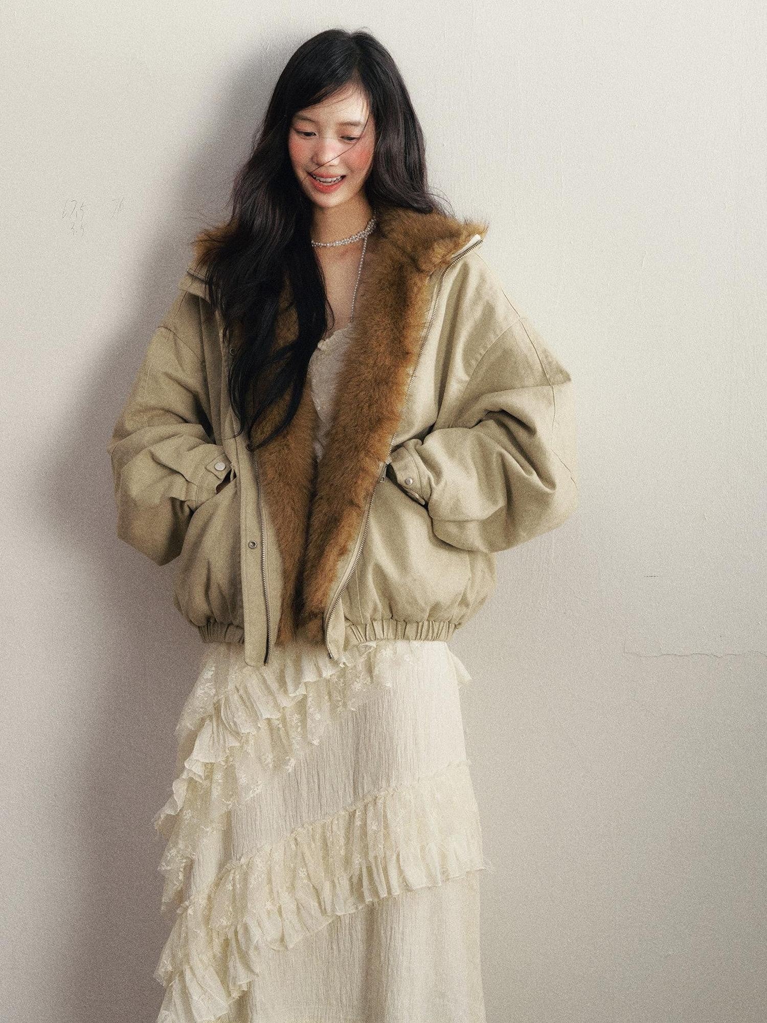 1P STUDIO Pea Green Loose Fit Detachable Faux Mink Fur Women&