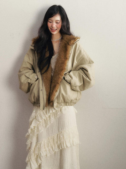 1P STUDIO Pea Green Loose Fit Detachable Faux Mink Fur Women&