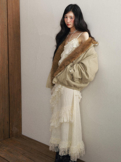 1P STUDIO Pea Green Loose Fit Detachable Faux Mink Fur Women&