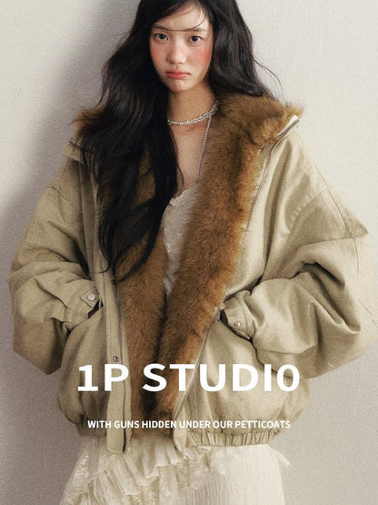 1P STUDIO Pea Green Loose Fit Detachable Faux Mink Fur Women&